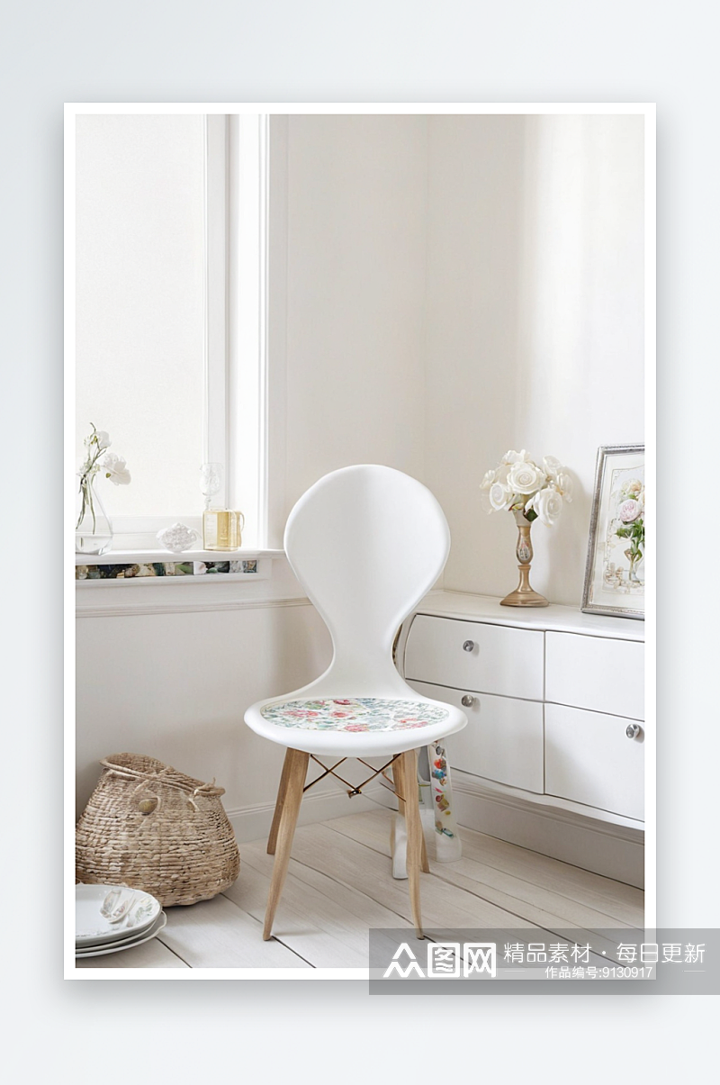 角落餐具柜旁边白色经典贝壳椅子涂着白色木素材