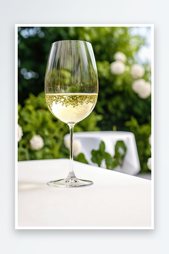豪华餐厅夏日花园露台上品尝白葡萄酒照片