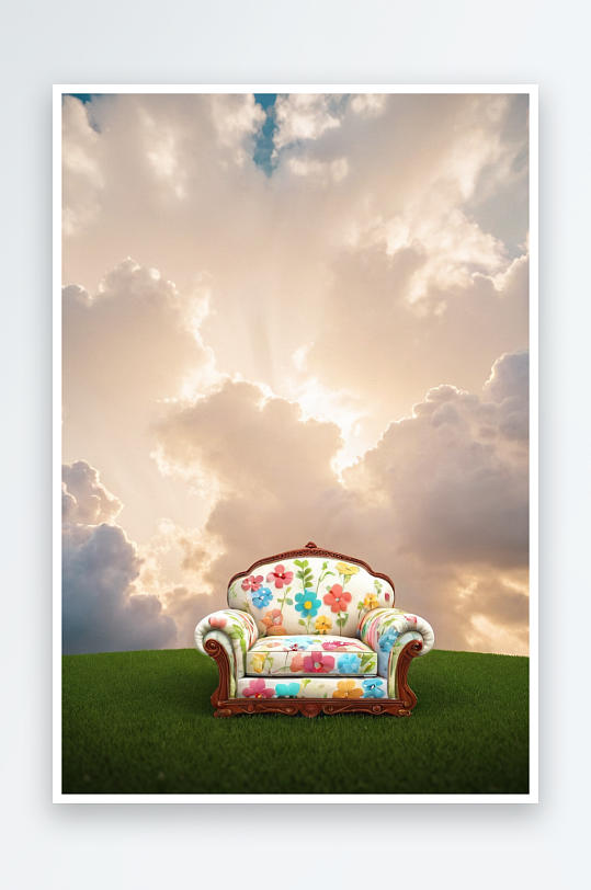 多云天空下草地上一张可爱拼接沙发图片