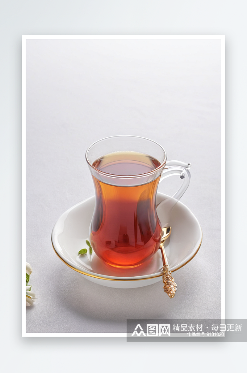 茶传统郁金香玻璃杯白色背景照片素材