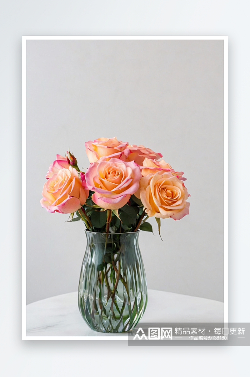 桌子上花瓶里玫瑰花特写背景是白色图片素材