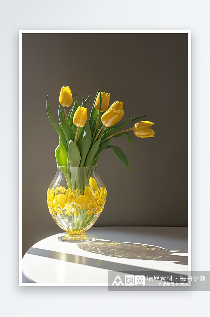 桌上玻璃花瓶里黄色郁金香图片素材
