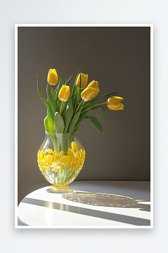 桌上玻璃花瓶里黄色郁金香图片