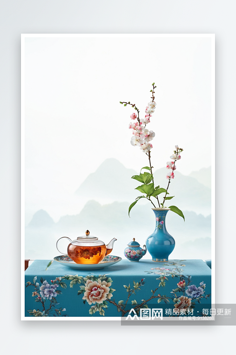 中式花瓶提盒荷花茶具立秋处暑图片素材