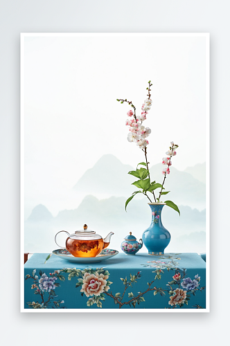 中式花瓶提盒荷花茶具立秋处暑图片