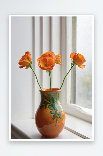 长茎橙毛茛装玻璃陶器花瓶里放窗台上图片