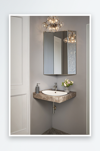 浴室角落盥洗台带有灰色油漆底座镶框镜子壁