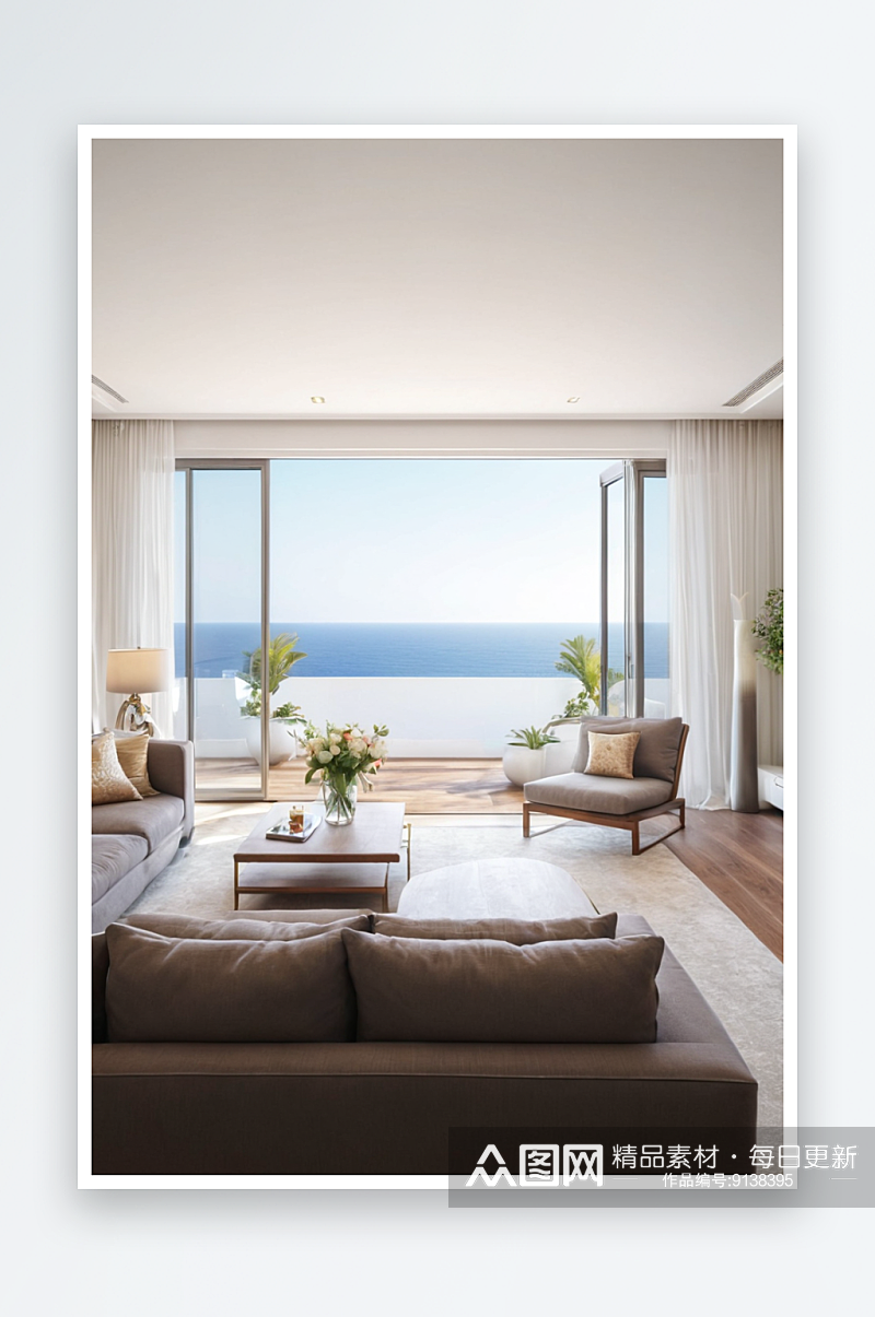 优雅起居区带开放式滑动天井门阳台海景图片素材