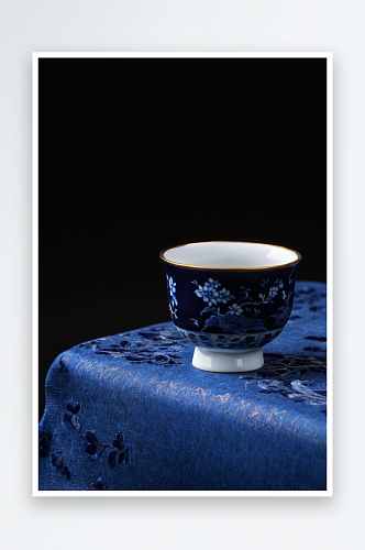 一只中式茶杯放蓝色桌面上照片