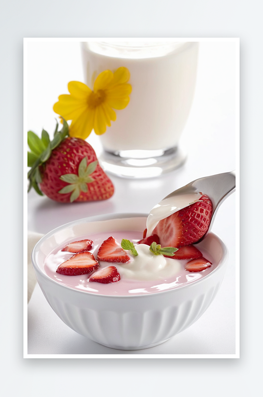 一碗草莓酸奶旁边是白底牛奶杯酸奶特写图片