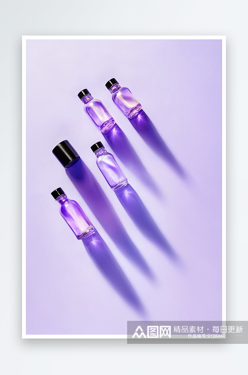 一套玻璃瓶子与乳液精油放置柔紫罗兰色背景素材