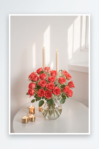 一束美丽珊瑚色红玫瑰桌子上蜡烛背景白墙阳