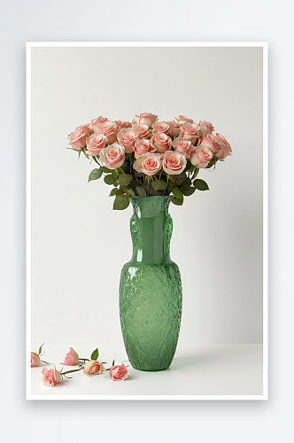 一束玫瑰花插绿色花瓶里照片
