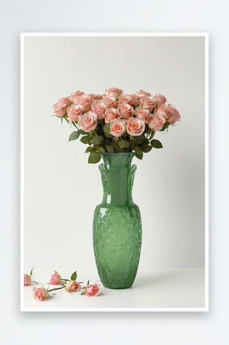 一束玫瑰花插绿色花瓶里图片