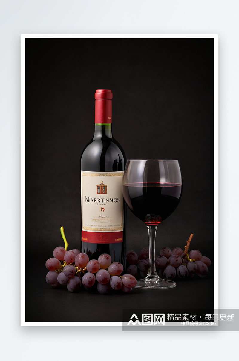 一瓶葡萄酒配一个玻璃杯一串串葡萄马提诺斯素材