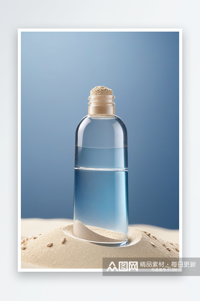 一堆沙子里放一瓶化妆品凝胶或精华液蓝色背素材