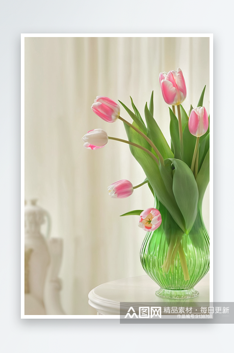 新鲜粉红色白色郁金香绿色玻璃花瓶图片素材