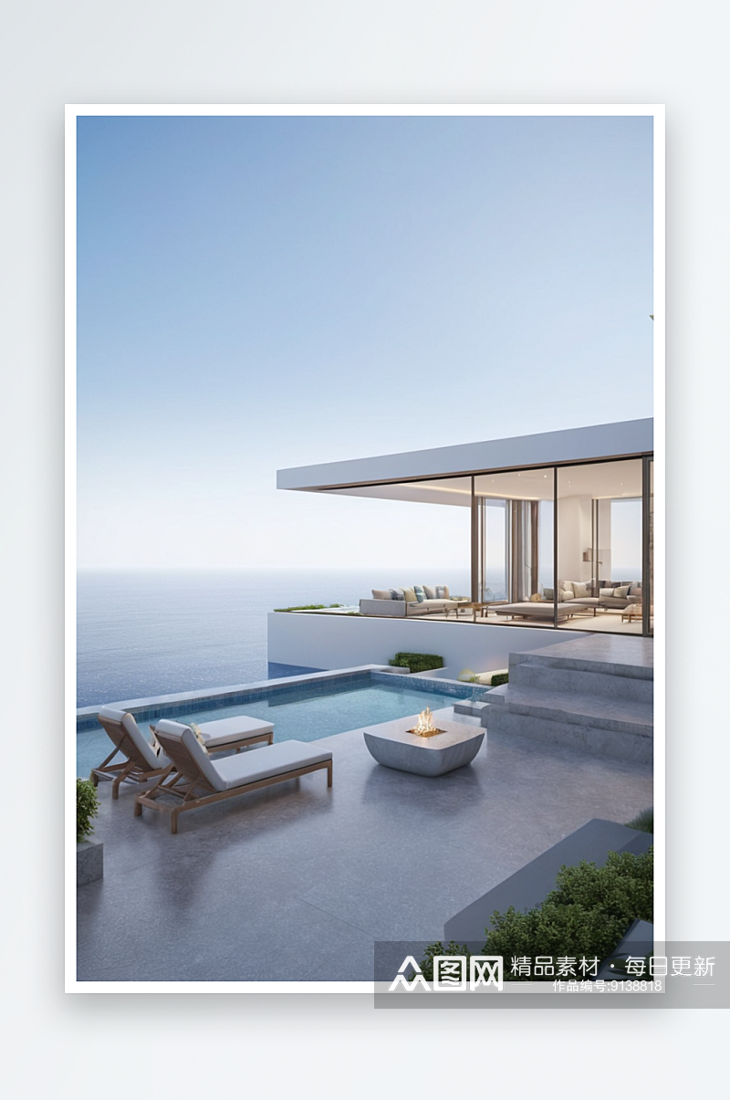 现代豪华家展示外部庭院与海景图片素材