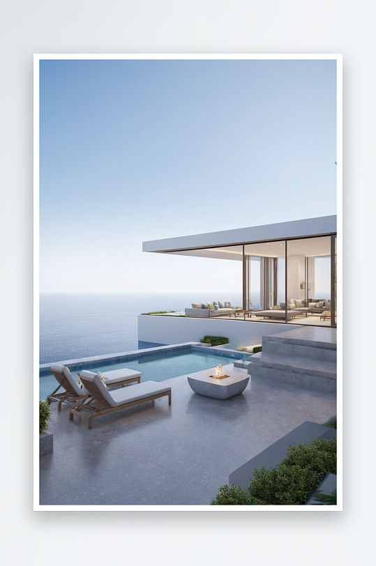 现代豪华家展示外部庭院与海景图片