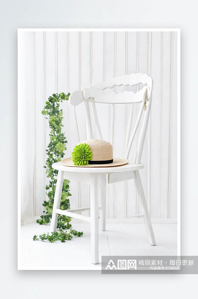 夏季帽子与绿色菊花阿纳斯塔西娅帽带白色木素材
