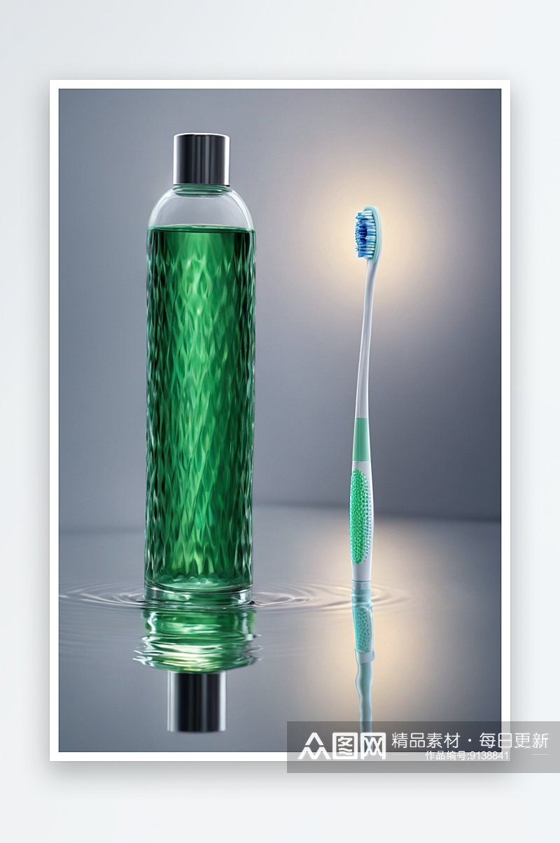 洗牙瓶倒映水面上玻璃牙刷图片素材