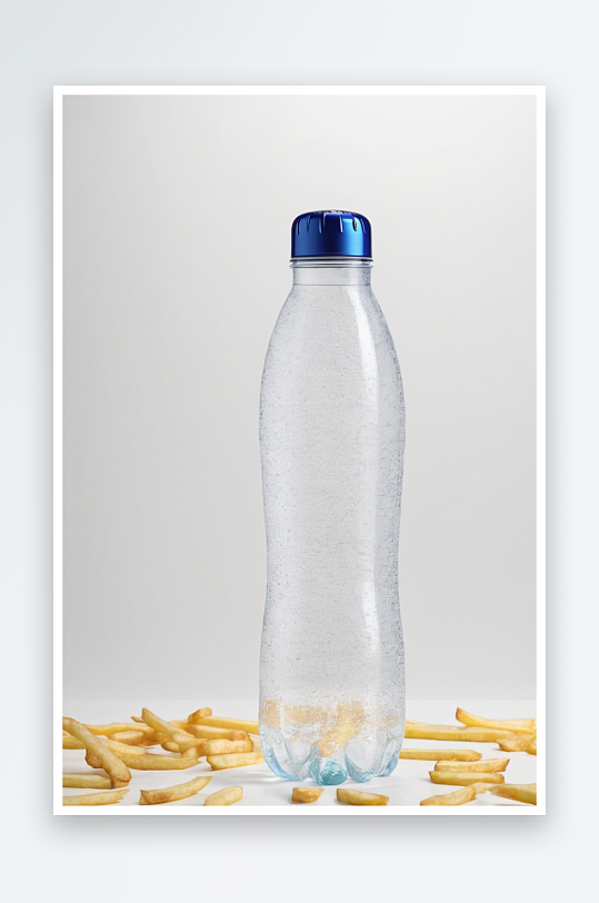 透明塑料薯条水瓶白色背景上水滴薯条表面图