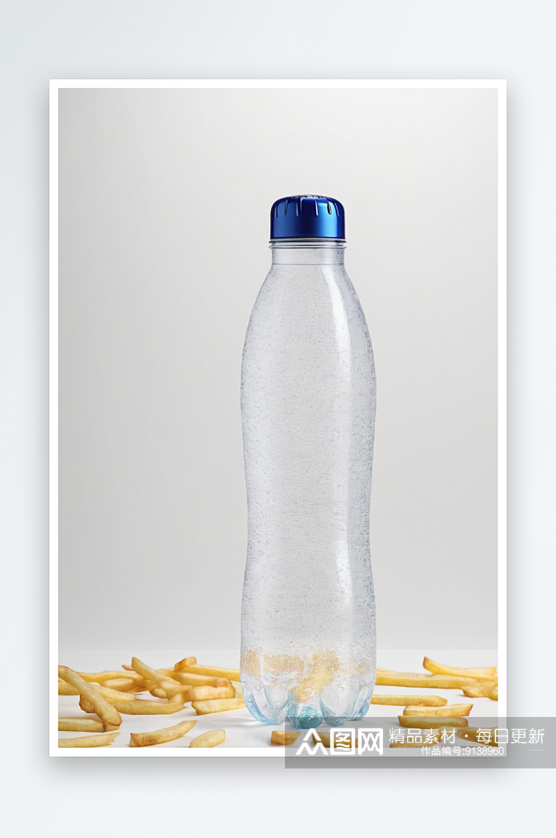 透明塑料薯条水瓶白色背景上水滴薯条表面图素材