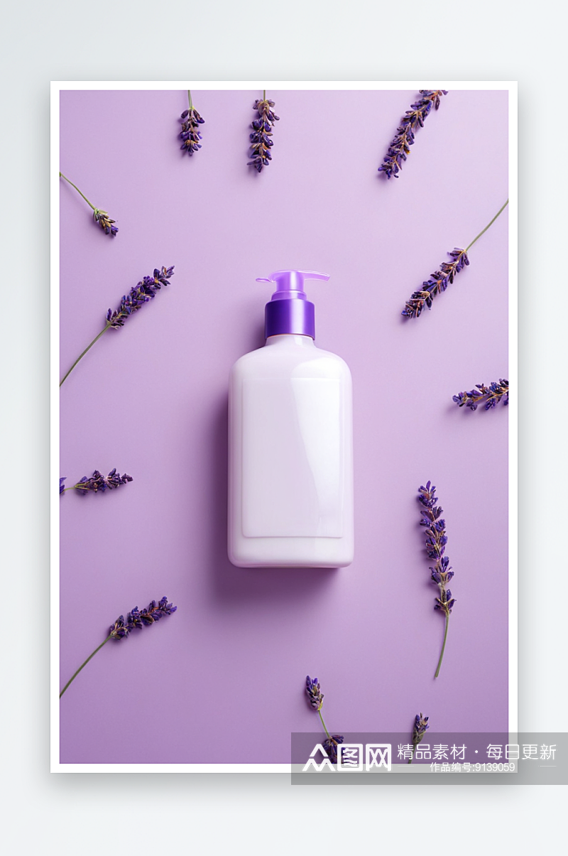 天然护发产品瓶模型薰衣草紫色背景中药洗发素材