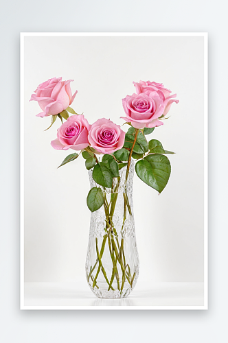 特写粉红玫瑰花瓶对白色背景图片