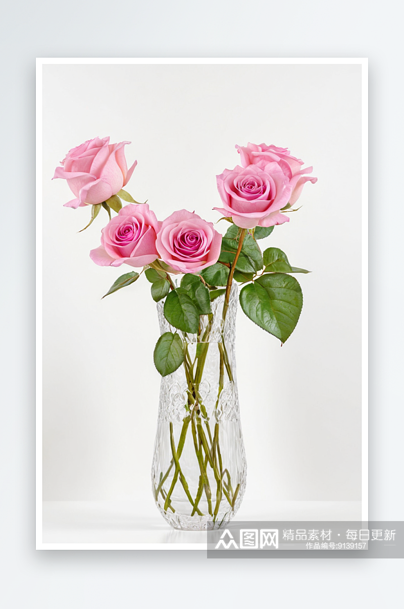 特写粉红玫瑰花瓶对白色背景图片素材