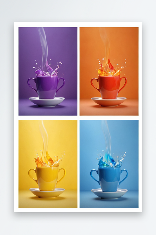 四种不同颜色热饮拼贴画液体飞溅边缘上照片