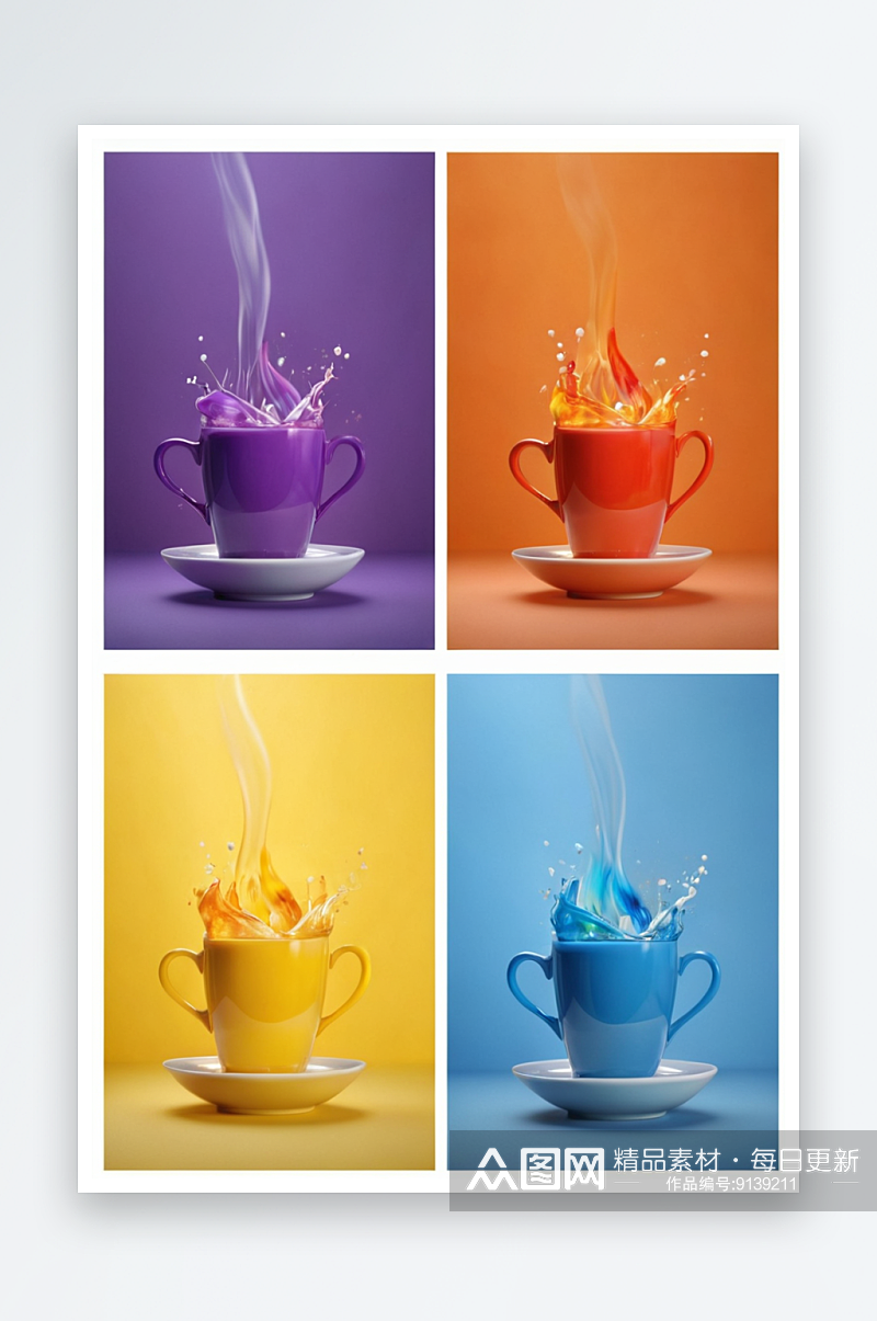 四种不同颜色热饮拼贴画液体飞溅边缘上照片素材