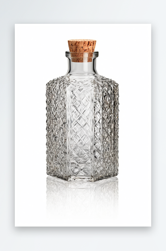 水晶玻璃空瓶用软木塞密封孤立白色背景反射