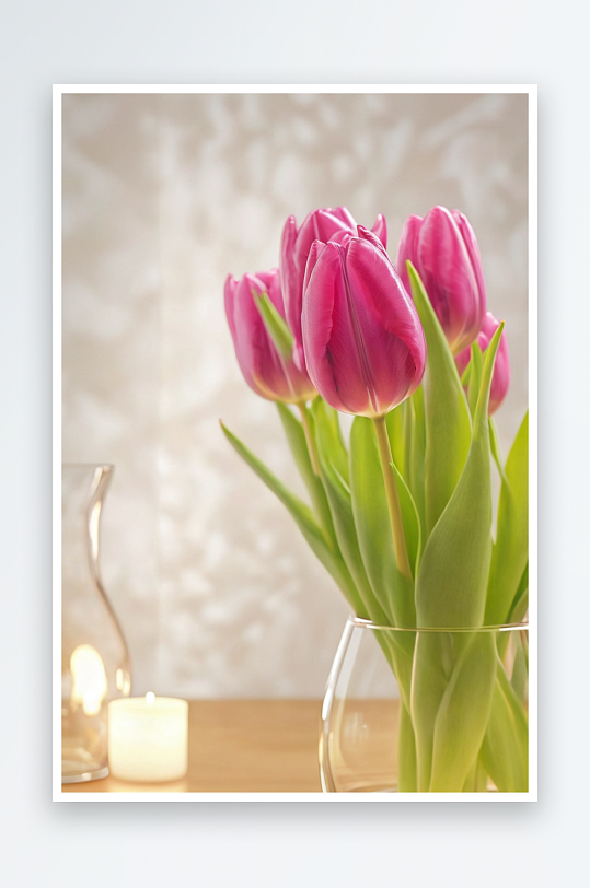 深粉红色郁金香一个玻璃花瓶非常浅背景复制