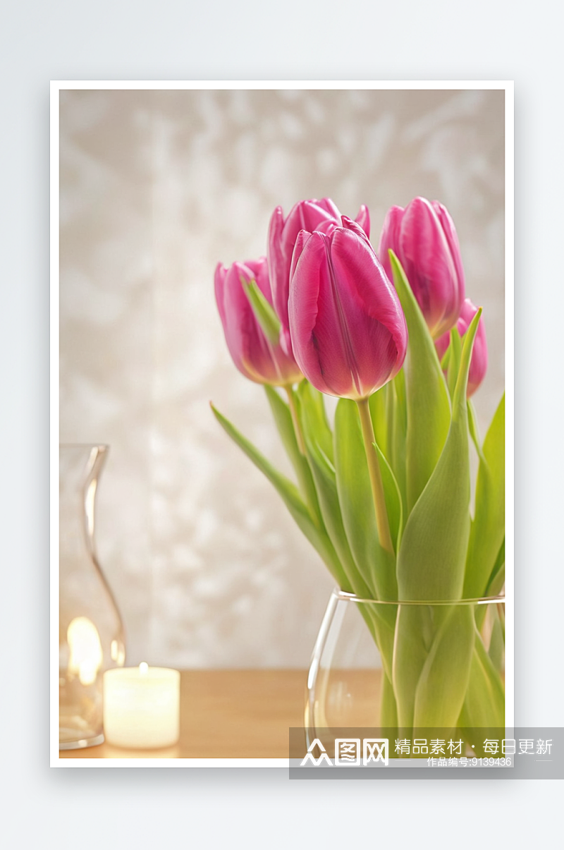 深粉红色郁金香一个玻璃花瓶非常浅背景复制素材