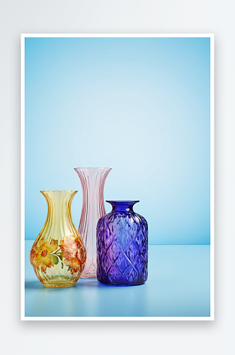 三个玻璃花瓶排列蓝色背景上图片
