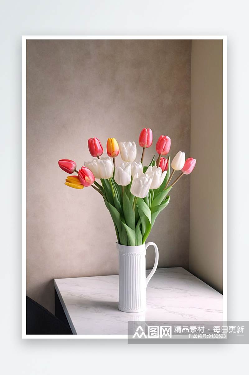 前面花束与美丽新鲜春天郁金香家里桌子上图素材