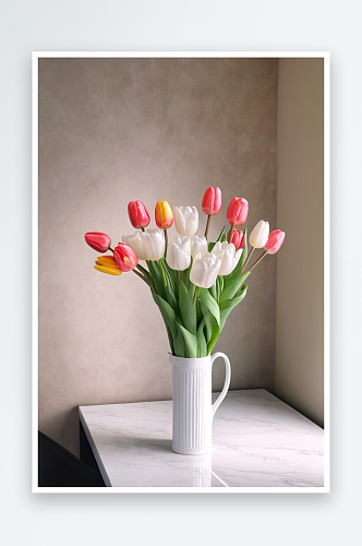 前面花束与美丽新鲜春天郁金香家里桌子上图