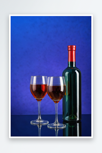 明亮蓝色背景玻璃杯酒瓶照片