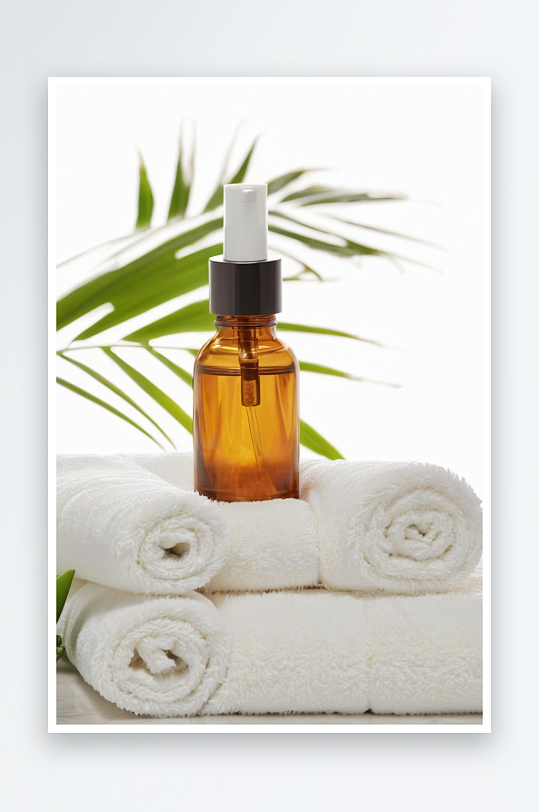 美容产品面部血清一堆白色毛巾热带棕榈叶图
