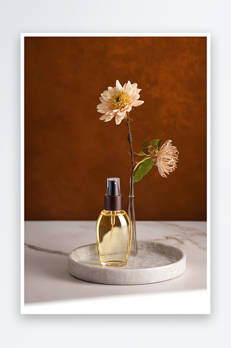 美容产品发油透明瓶静物组成与棕色背景花朵