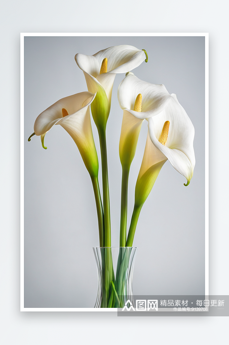 美丽花束白色马蹄莲玻璃花瓶加利福尼亚图片素材