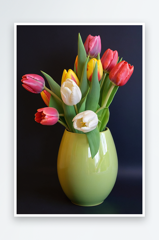 绿色陶瓷花瓶里五颜六色郁金香花束图片