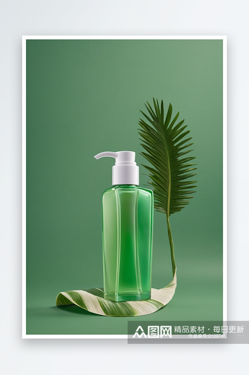 绿色美容产品设置透明泵瓶裙与棕榈叶图片素材