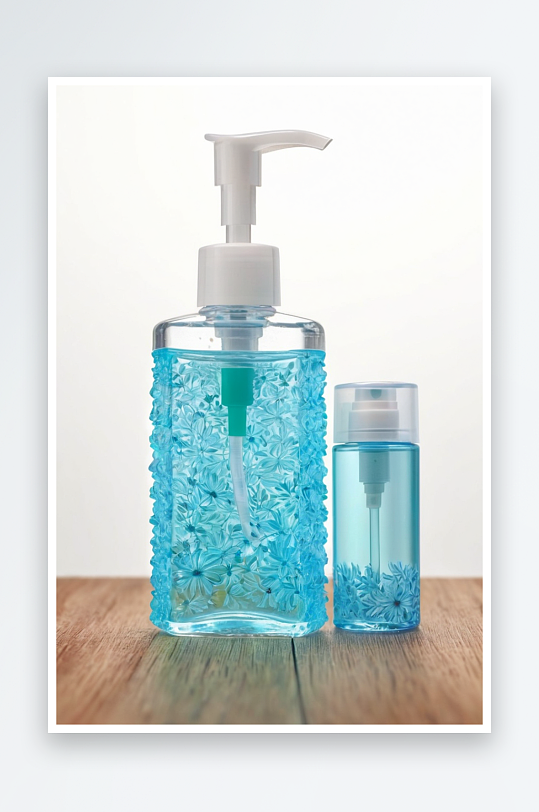 两种类型洗手液瓶排列木质表面白色背景上图