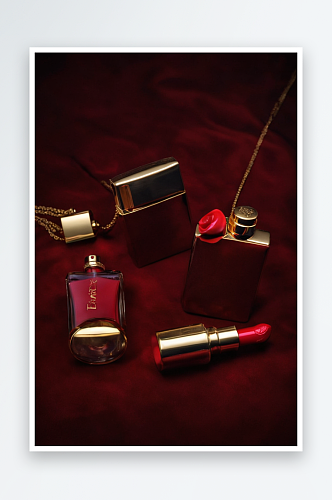 两条垂坠项链红色口红一个香水瓶黑暗背景图