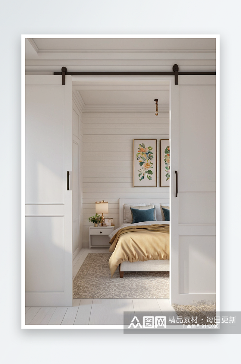 白色木墙简单卧室中打开滑动门可以看到床图素材