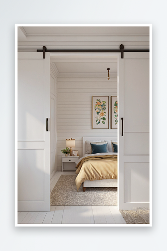 白色木墙简单卧室中打开滑动门可以看到床图