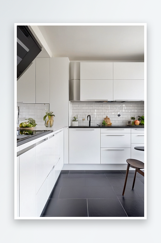 白色厨房里壁挂式橱柜光滑黑色瓷砖地板图片