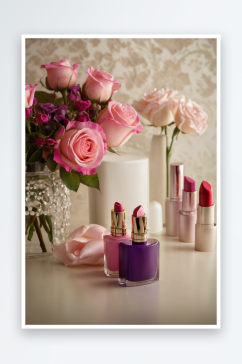 紫色香水瓶两瓶唇膏还有一束粉色淡粉色玫瑰